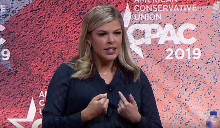 Allie Beth Stuckey, host of the Christian podcast 'Relatable' who oversees 'The Conservative Millennial' blog, speaks on a panel at the Conservative Political Action Conference on Thursday, February 28, 2019.