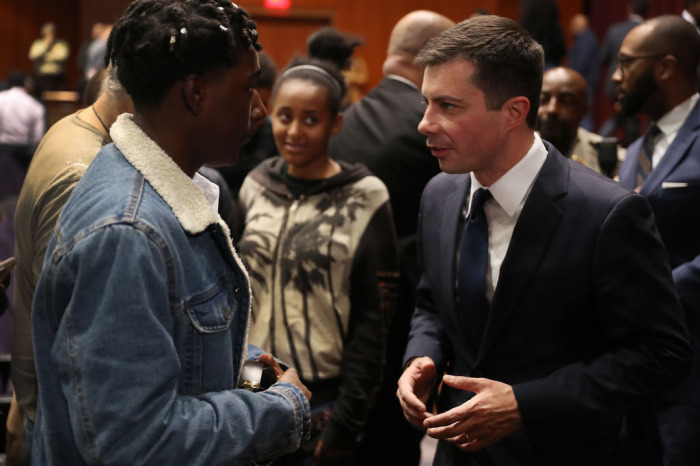 Democratic presidential candidate Mayor Pete Buttigieg of South Bend, Indiana, greets people after participating in a conversation with Dr. Adrienne Jones at Morehouse College Ray Charles Performing Arts Center on November 18, 2019, in Atlanta, Georgia. Buttigieg continues to campaign as polls show him gaining momentum against his Democratic rivals.