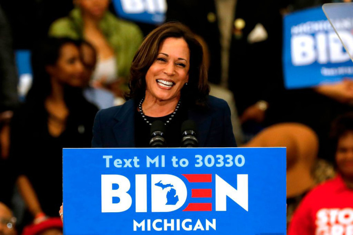 California Senator Kamala Harris endorses Democratic presidential candidate former Vice President Joe Biden as she speaks to supporters during a campaign rally at Renaissance High School in Detroit, Michigan, on March 9, 2020.