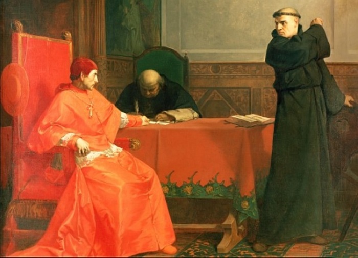Martin Luther debates Cardinal Thomas Cajetan from Oct. 12-14, 1518, in Augsburg, Germany, as depicted in a 19th century painting.