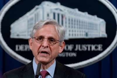 Attorney General Merrick Garland speaks at the Department of Justice on April 21, 2021, in Washington, D.C.