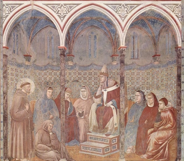 Saint Francis of Assisi preaches in the presence of Pope Honorius III. A fresco by Giotto.