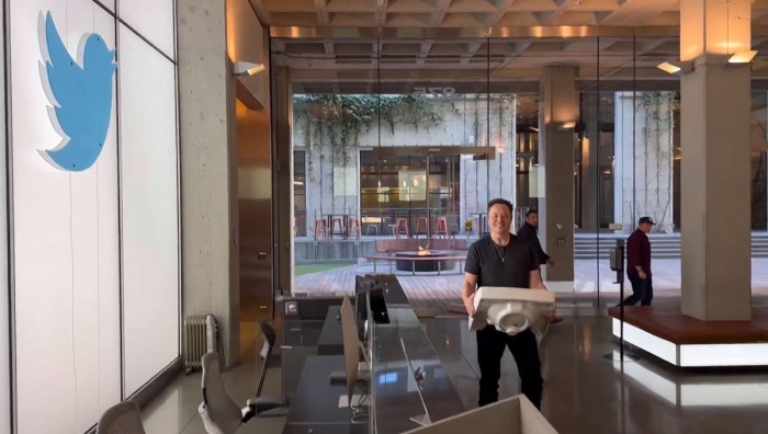 This video grab taken from a video posted on the Twitter account of billionaire Tesla chief Elon Musk on October 26, 2022, shows himself carrying a sink as he enters the Twitter headquarters in San Francisco. Elon Musk changed his Twitter profile to 'Chief Twit' and posted a video of himself walking into the social network's California headquarters carrying a sink, days before his contentious takeover of the company must be finalized.