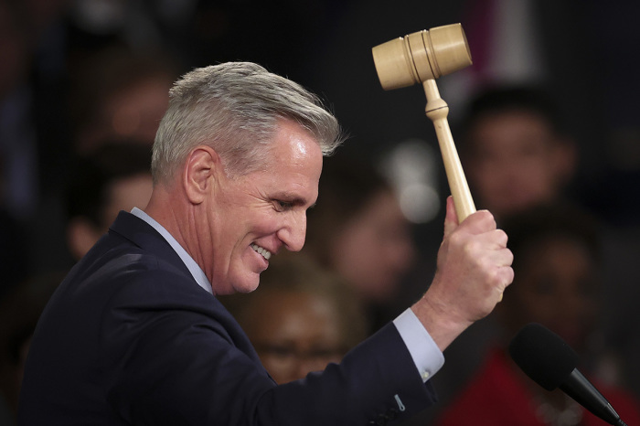 Speaker of the House Kevin McCarthy, R-Calif., celebrates while holding the speaker's gavel after being elected as speaker in the House at the U.S. Capitol on January 07, 2023, in Washington, D.C. After four days of voting and 15 ballots McCarthy secured enough votes to become speaker of the House for the 118th Congress.