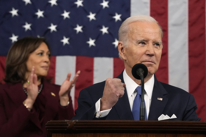 President Joe Biden delivers the State of the Union address to a joint session of Congress on February 7, 2023, in the House Chamber of the U.S. Capitol in Washington, D.C. The speech marks Biden's first address to the new Republican-controlled House. He is also the first-ever president to deliver a State of the Union speech at 80 years of age.