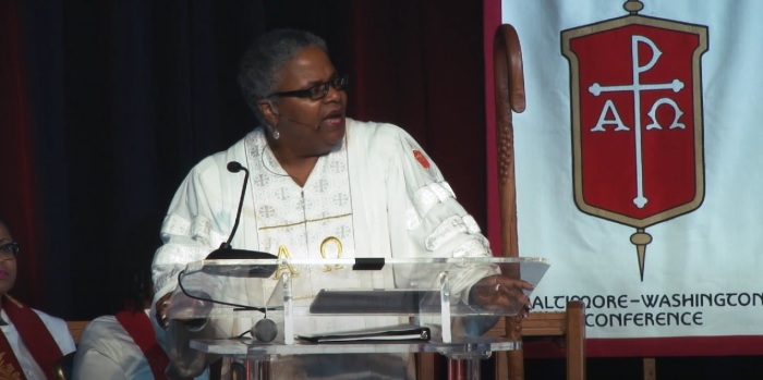 Bishop LaTrelle Easterling of The Baltimore-Washington Conference of The United Methodist Church giving remarks at a 2019 meeting of the regional body.
