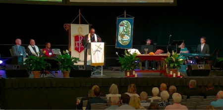 Bishop Leonard Fairley of the Kentucky Conference of The United Methodist Church preaches a sermon at the annual conference gathering held at Owensboro, Ky., June 2023.