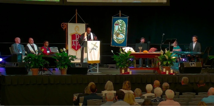 Bishop Leonard Fairley of the Kentucky Conference of The United Methodist Church preaches a sermon at the annual conference gathering held at Owensboro, Ky., June 2023.
