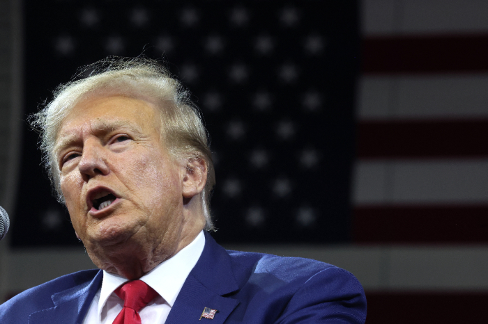 Former President Donald Trump speaks at the Monument Leaders Rally hosted by the South Dakota Republican Party on September 08, 2023 in Rapid City, South Dakota. South Dakota Governor Kristi Noem endorsed Trump during the event.