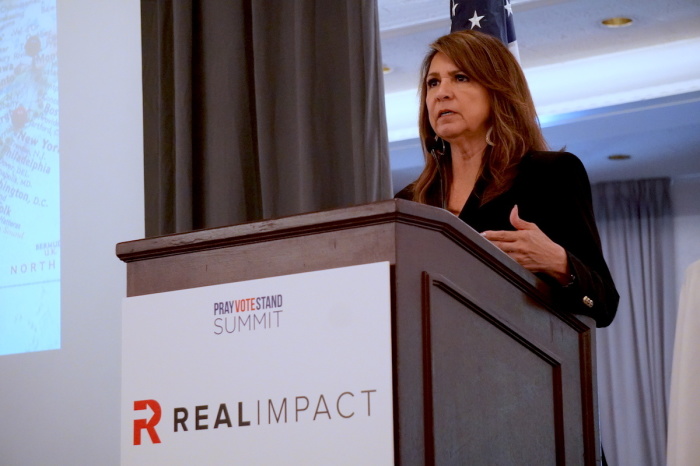 Gina Gleason of Calvary Chapel Chino Hills in Chino, California, shares a message about ballot collection in a breakout session at the Pray Vote Stand Summit in Washington D.C. on Sept. 16, 2023, at the Omni Shoreham Hotel.