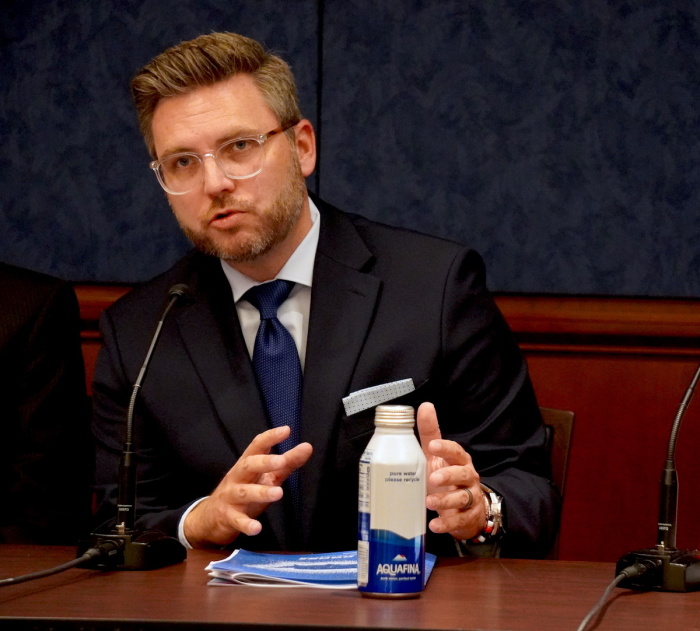 The president of the Southern Baptist Convention Ethics & Religious Liberty Commission Brent Leatherwood speaks in a panel discussion about religious persecution around the world and its connection to U.S. refugee resettlement and asylum policies on September 20, 2023, at the U.S. Capitol Visitor Center in Washington, D.C.