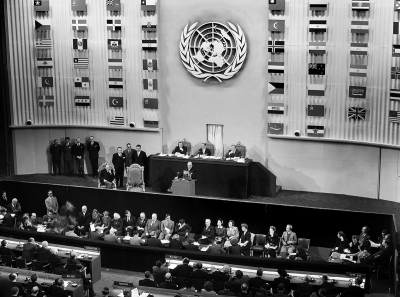 French President of Council Vincent Auriol pronounces a speech during the opening ceremony of the third United Nations Assembly at the close of which, on December 10, 1948, was adopted the Universal Declaration of Human Rights at the Palais de Chaillot in Paris.