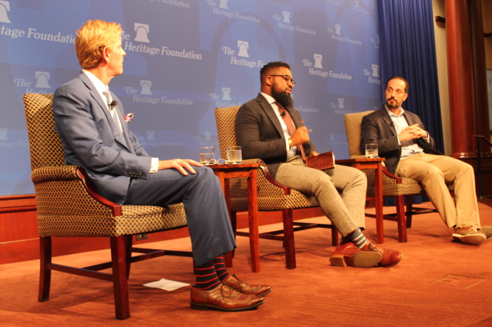 (From Left) Director of the DeVos Center for Life, Religion, and Family, Jay W. Richards, moderates a discussion featuring Delano Squires, a research fellow at Richard and Helen DeVos Center, and Communio founder and President J.P. De Gance at The Heritage Foundation in Washington, D.C., on September 25. 2023.