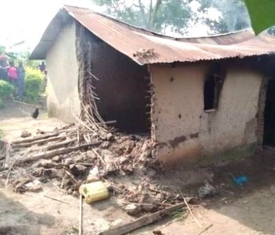 Damaged home of three Christian family members killed in Nyabitutsi village, Uganda on December 25, 2023.