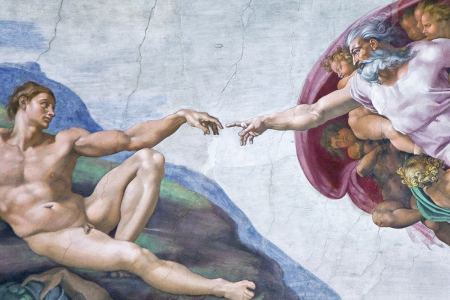 Michelangelo's 'Creation of Adam' fresco painting at the Sistine Chapel in Vatican City, Rome, Italy.