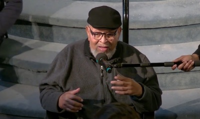 Pastor Cecil Williams of Glide Memorial Church of San Francisco, California, gives a benediction at a worship service on March 3, 2024.