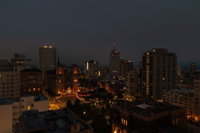 San Francisco’s Nob Hill, dominated by Grace Cathedral, at night.