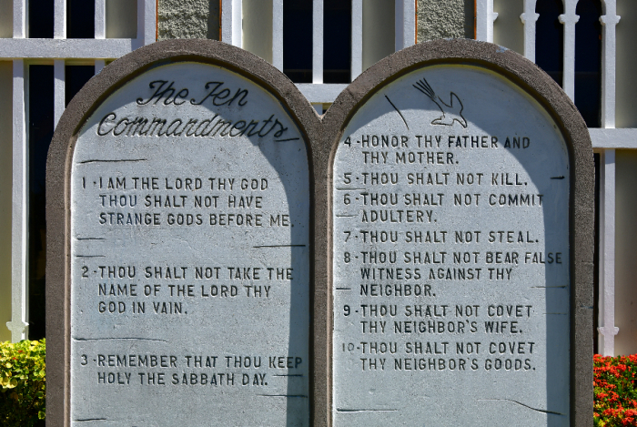 The Ten Commandments is featured in two tablets in front of the Catholic Cathedral of Our Lady of Mount Carmel Cathedral in Charan, Saipan, Commonwealth of the Northern Mariana Islands.