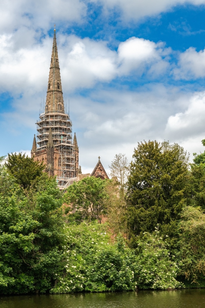 Lichfield’s cathedral is the only medieval British cathedral with three spires. The central spire, pictured here, was recently restored.