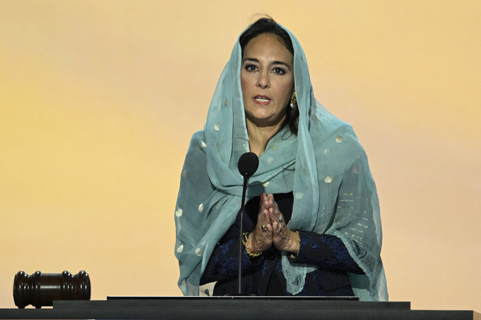 Harmeet Dhillon gives a benediction at the end of the first day of the 2024 Republican National Convention at the Fiserv Forum in Milwaukee, Wisconsin, July 15, 2024.