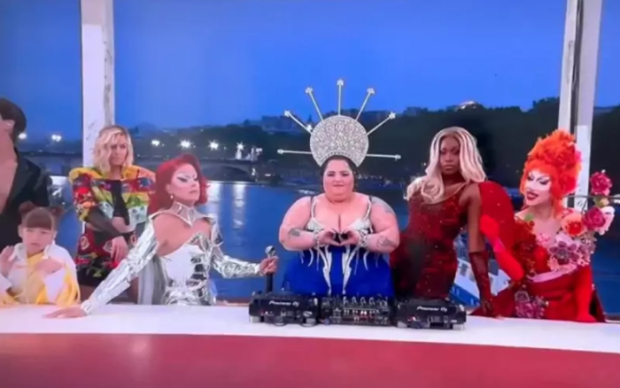 French lesbian DJ Barbara Butch poses as Jesus in a parody of 'The Last Supper' featuring men in drag. The scene offended Christians worldwide when the opening ceremony of the Paris Olympics aired on July 26, 2024.