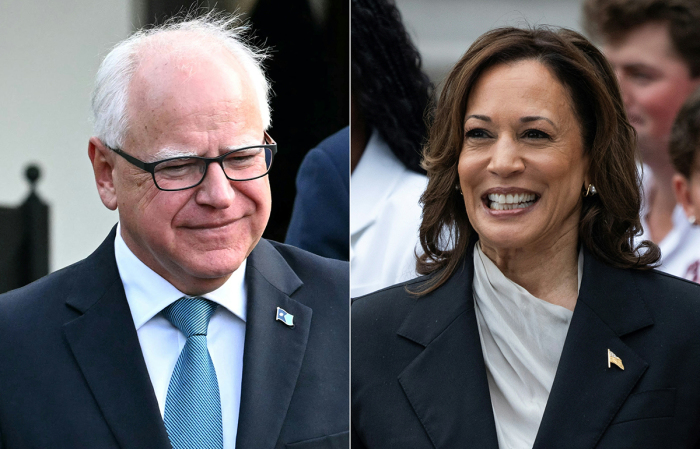 This combination of pictures created on August 2, 2024, shows U.S. Vice President Kamala Harris in Washington, D.C. on July 22, 2024, and Governor of Minnesota Tim Walz in Washington, D.C., July 3, 2024. Harris named Walz as her running mate on August 6, 2024, as the vice president prepares to take on Republican Donald Trump in November's U.S. election.