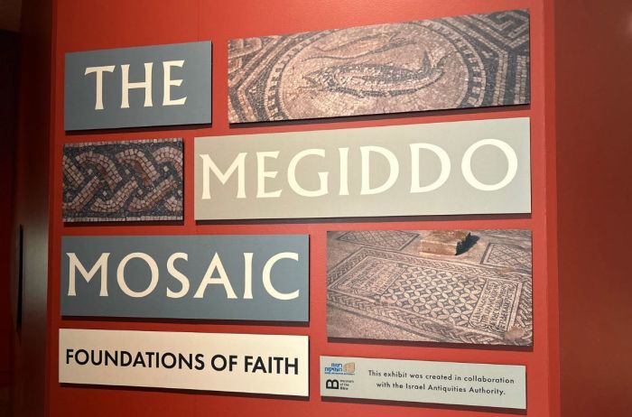 An exhibit about the Megiddo Mosaic, the decorated floor tile of an early Christian prayer hall, opens at the Museum of the Bible in Washington, D.C., on Sept. 15, 2024.