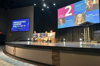 Christian Post Reporter Brandon Showalter (L) moderates a panel on Oct. 6, 2024, as part of CP's 'Unmasking Gender Ideology' event. Dr. Susan Ashton-Lazaroae (C) and Bill Mahoney (R) spoke on the panel.