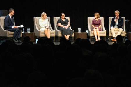 A panel of experts discuss progress in the efforts to push back against LGBT ideology at The Christian Post's event' Unmasking Gender Ideology II' at Burke Community Church in Burke, Virginia, Oct. 6, 2024. From left to right: Brandon Showalter of the Christian Post, Arkansas Republican State Rep. Robin Lundstrum, Amie Ichikawa of Woman II Woman, Andrea Picciotti-Bayer of The Conscience Project and Jay Richards of The Heritage Foundation.