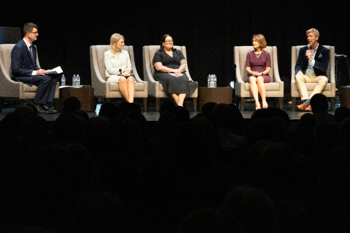 A panel of experts discuss progress in the efforts to push back against LGBT ideology at The Christian Post's event' Unmasking Gender Ideology II' at Burke Community Church in Burke, Virginia, Oct. 6, 2024. From left to right: Brandon Showalter of the Christian Post, Arkansas Republican State Rep. Robin Lundstrum, Amie Ichikawa of Woman II Woman, Andrea Picciotti-Bayer of The Conscience Project and Jay Richards of The Heritage Foundation.