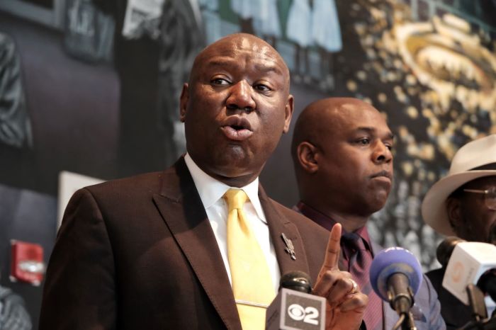 Civil rights attorney Ben Crump is joined by co-counsel Ray Hamlin (R) and Malcolm X's daughter IIyasah Shabazz at a news conference on July 25, 2023 in New York City.