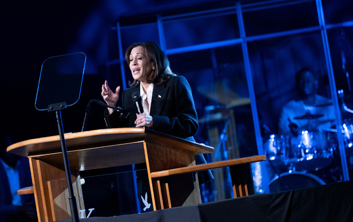 U.S. Vice President and Democratic presidential candidate Kamala Harris speaks during a church service at Koinonia Christian Center in Greenville, North Carolina, on Oct. 13, 2024.