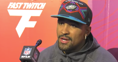 Jalen Hurts speaks with the media ahead of Super Bowl LVII in February 2023.