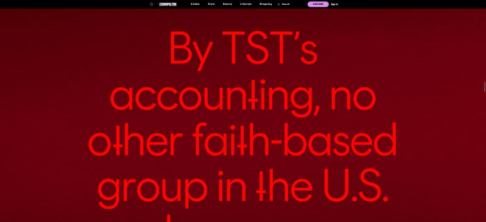 A screenshot of the Cosmopolitan article featuring inverted crosses used in place of the letter 't' in a story on The Satanic Temple's abortion services from the magazine's November/December issue.