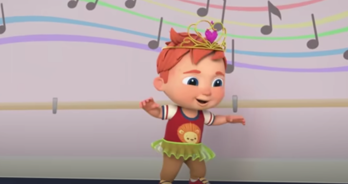 Nico, a character in the Netflix series 'CoComelon Lane,' wears a tiara and tutu as he tries on girls' outfits in front of his two gay dads.