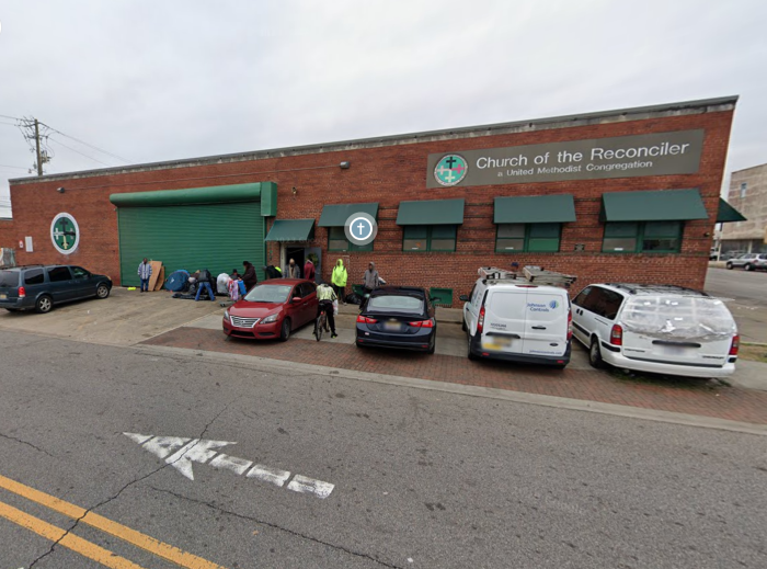People stand outside the Church of the Reconciler, a United Methodist congregation in Birmingham, Alabama.