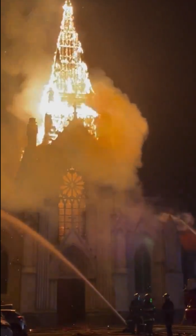 Flames engulf the Church of the Immaculate Conception in the town of Saint-Omer near Calais, France,