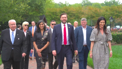 Republican Vice Presidential candidate J.D. Vance (center) visits the Billy Graham Library in Charlotte, North Carolina, on Sept. 23, 2024.